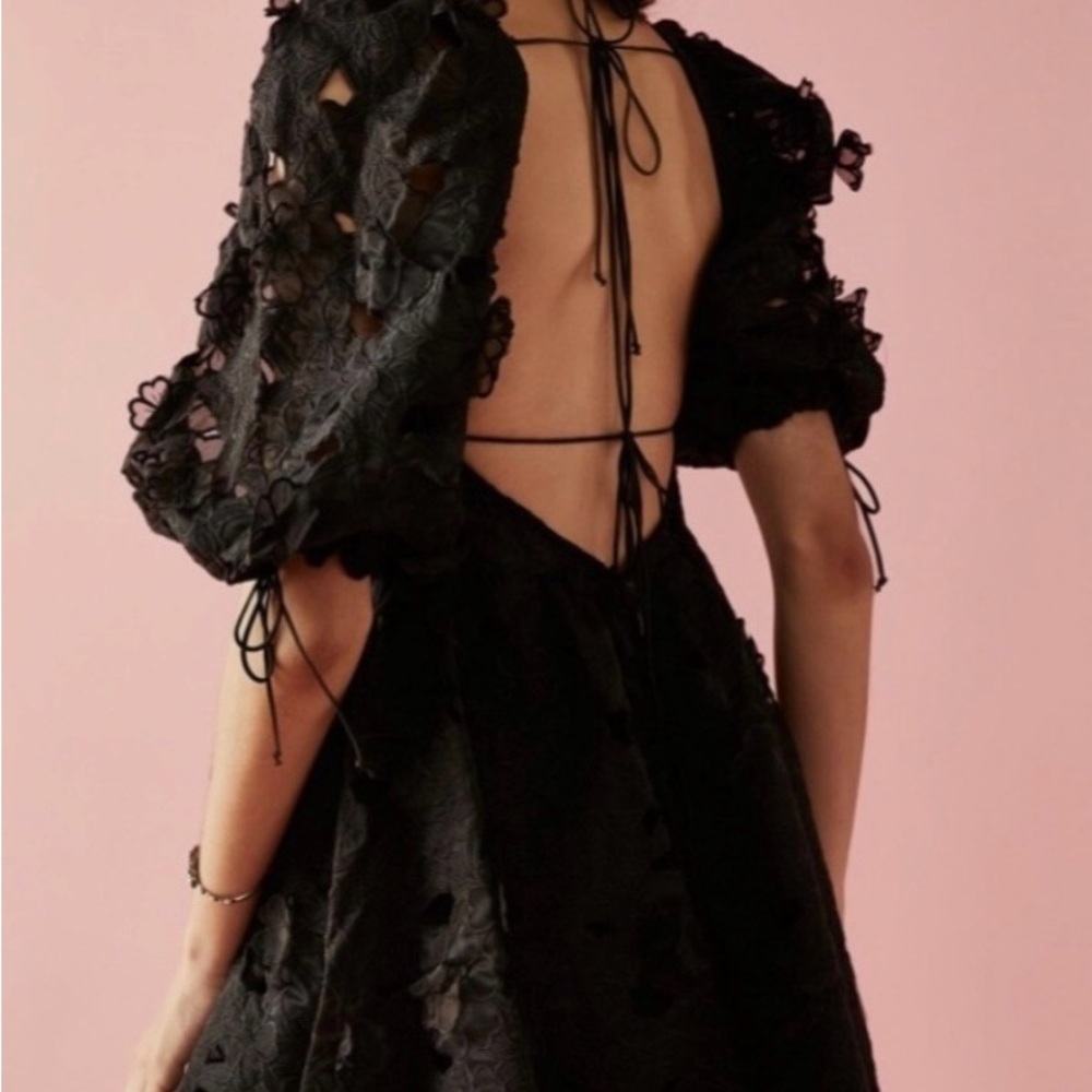 For Love And Lemons Serena Floral Lace Black Puff Sleeve Mini Dress, New, XS